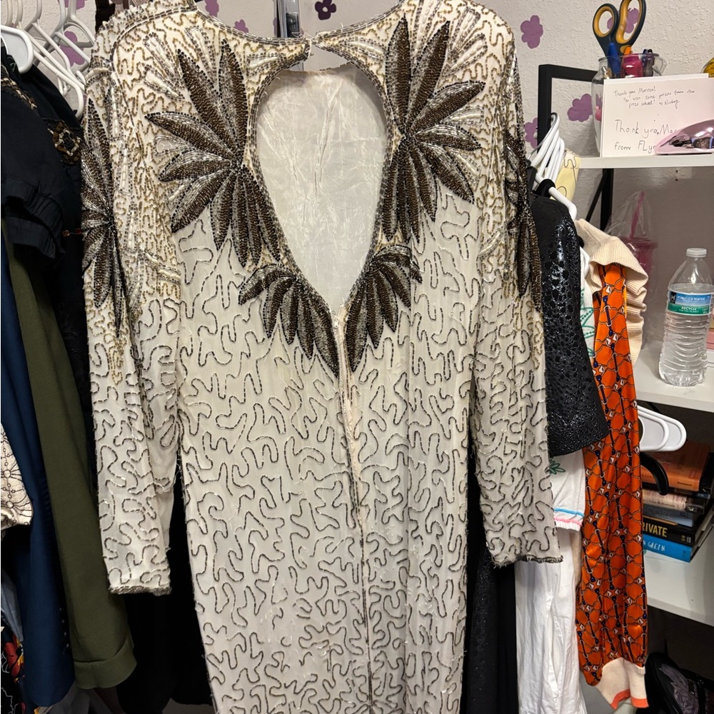 Elegant Cream and Brown Embellished Dress